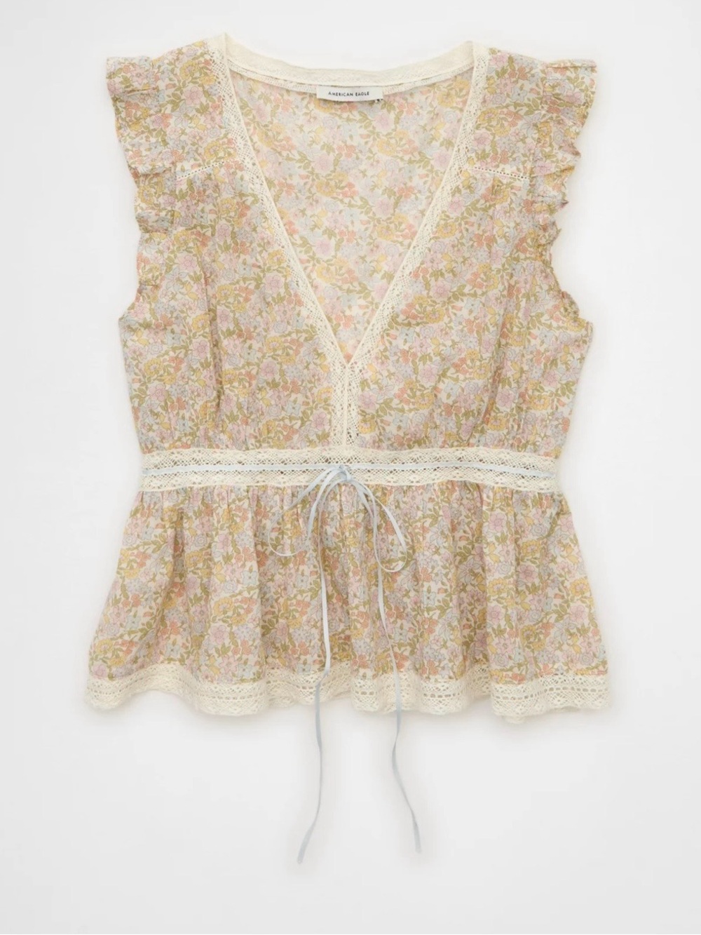 American Eagle Outfitters Floral Lace-Trim Peplum Top in Pastel